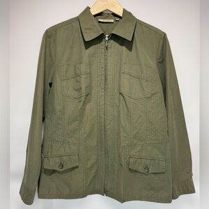 Y2K Women's Olive Collared Utility Jacket Unlined Lightweight Zip Up Cotton